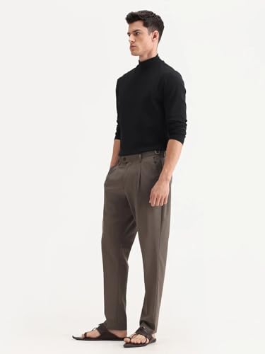 RARE RABBIT Men's Naji Dark Brown Cotton Blend Plain Relaxed Fit Trouser