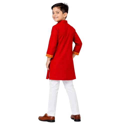 PEKABU Kurta Pajama for Kids Boys – Jamdani Border Kurta with Elastic Waist Pyjama Set, 1-12 Years (Red, 6-7 Years)
