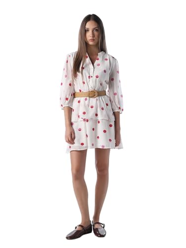 ONLY Women's Polka Dots Fit and Flare White Dress with Belt
