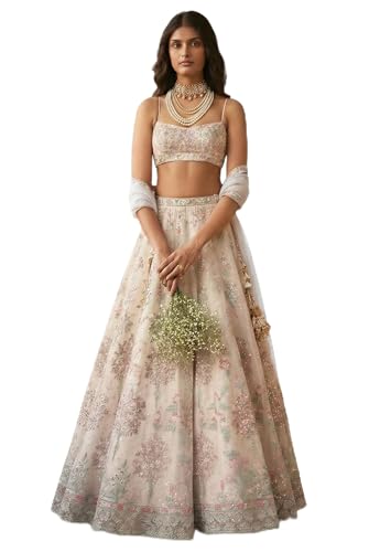 Kuber Enterprise Women's Semi-Stitched Sequence,Thread Embroidery Work Georgette Lehenga Choli With Georgette Dupatta(CREAM_V3-029)