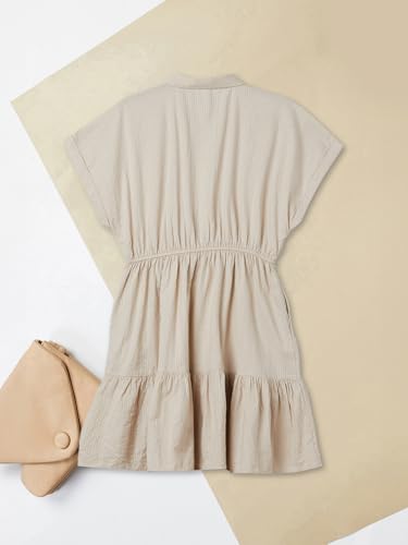 Max Girls Striped Tiered Dress(Beige_12-14 Y)