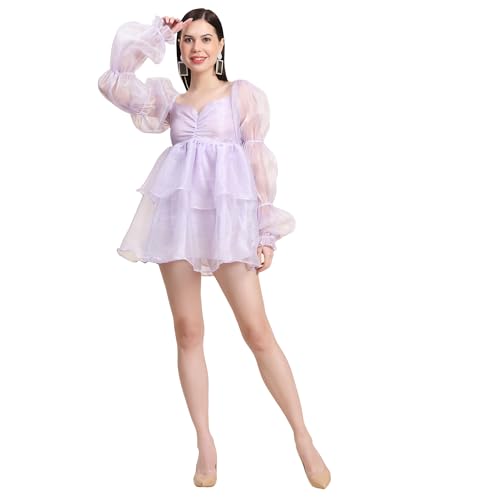 Laycra Silk Layered Mini Dress for Women – Flattering A-Line Design, Soft and Stretchy Fabric, Stylish Tiered Layers, Perfect for Casual Outings, Parties, and Special Occasions Medium Purple Color