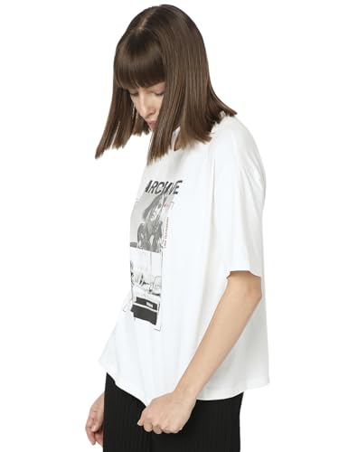 VERO MODA Women Graphic Print Cotton Drop Shoulder White T-Shirt
