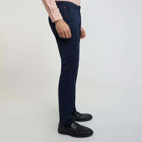 Raymond Men's Contemporary Fit Pure Cotton Structure Pattern Dark Blue Flat Front Casual Trouser