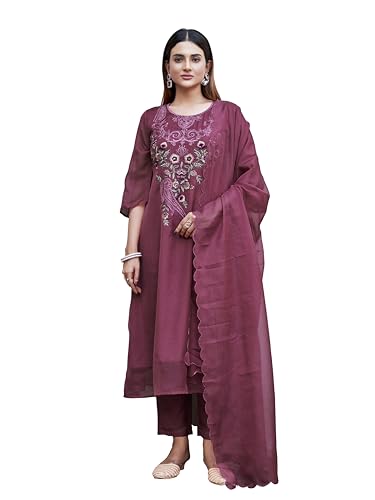 Womanista Women's Organza Kurta with Trouser & Dupatta (Kurtaset_1437_Rose_2XL)