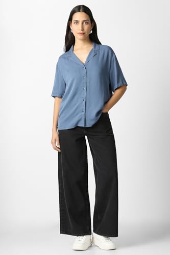 Women Light Blue Solid Short Sleeves Casual Shirt