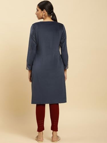 W for Woman Blue Embroidered Flared Velvet Kurta (Size: S)-24NOW10358-220778