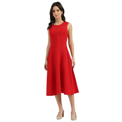 United Colors of Benetton Round Neck Solid A-Line Dress (Size: M) - 26P3E99W3821IRC5 Red