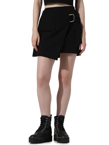 ONLY Women Solid Polyester Above Knee High Rise Black Wrap Skirt