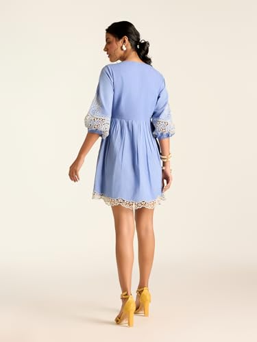 Label RITU KUMAR Powder Blue Hermione Full Sleeves Embroidered Short Dress