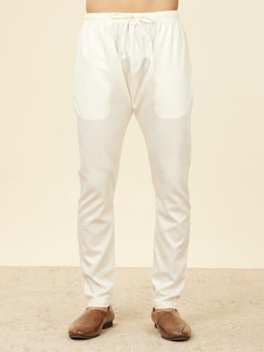 Manyavar Beige Blended Cotton Digital Printed Kurta Pyjama Set for Men