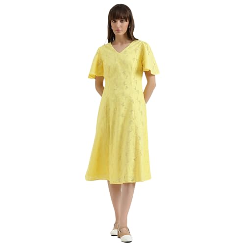 United Colors of Benetton Regular Fit V-Neck Schiffli Embroidered Dress (Size : L) - 26P4WVNDRS83I1G3 Yellow