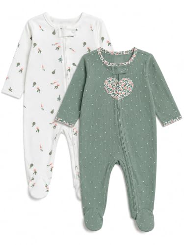 TuddyBuddy Baby Girl's Cotton Printed Full Long Sleeves Zipper Sleepsuits/Footed Rompers for Baby Girl (Pack of 2 Sleepsuits - White Carrots AOP & Olive Polka, 3 Months-6 Months)