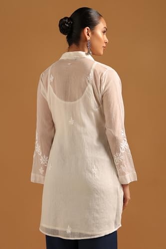 Soch Womens Off White Chanderi Floral Tunic with Thread Work