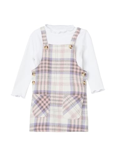 Max Girls Flannel Checked Pinafore Dress with Top (White_6-12 M)