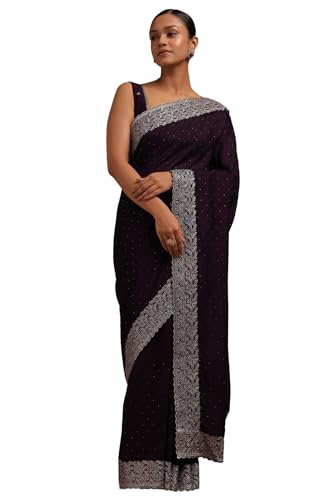 Soch Womens Purple Fendy Chiffon Embellished Saree With Stone Work