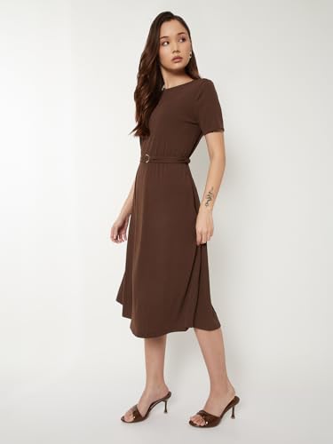 Max Women Textured A-line Belted Dress (Brown_L)