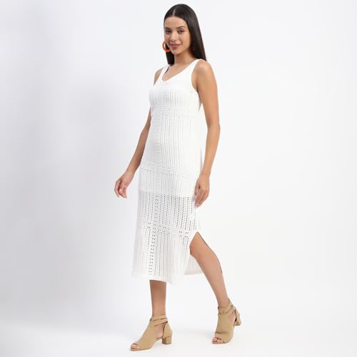 Madame V Neck Crochet Off White Knitted Dress