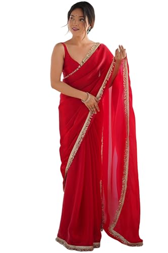 SGF11 Women's Fandy Satin Soft Silk and Sequence Handwork Lace Border Saree With Unstiched Blouse Piece (Pink)