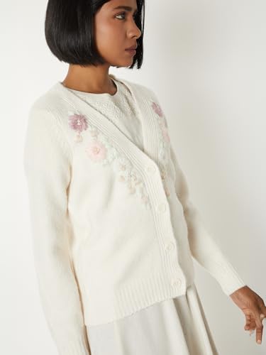 Max Women Floral Embroidered Cardigan (Off White_L)