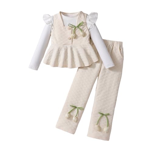 Hopscotch Girls Full Sleeves Beige 3-Pc Tulip Applique Ruffled Pant Set For Ages (4-5 Years)