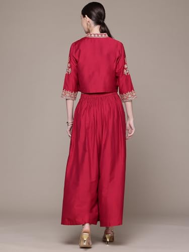 Aarke Ritu Kumar Wine Hiranmayi Festive Emb. Jacket With Bustier And Palazzo Co-Ord Set