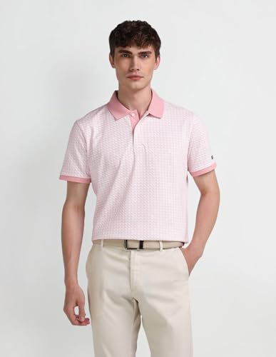 Arrow Sports Men's Pink Geometric Collared Neck Half Sleeve Casual Cotton Slim Fit T-Shirts (ASAITS3293_Pink_3XL)