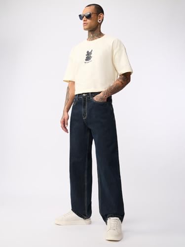 The Souled Store Baggy-Fit Denim: Orion Blue Men and Boys Buttoned Waistband Dark Blue Washed 100% Cotton Denim Baggy Fit Durable Twill Weave Lightweight Everyday All-Season Jeans