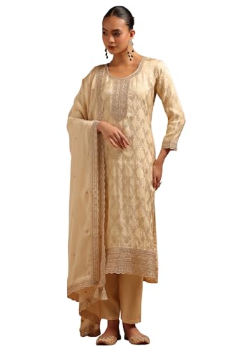 Soch Womens Beige Brocade Ethnic Motifs Salwar Suit With Sequins