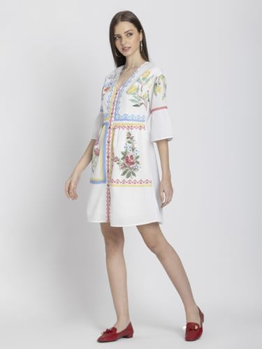 SHAYE White V-Neck Floral Print Three-Quarter Sleeves Casual Dresses for Women