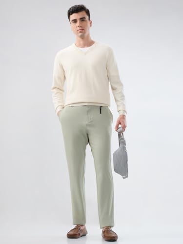 Park Avenue Men Commutech Fit Structure Pattern Cotton Spandex Blend Flat Front Casual Trouser Green