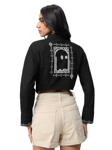 The Souled Store Dark Mystery Women and Girls Long Sleeve Spread Collar Black Embroidered Cotton Linen Oversized Fit Breathable Lightweight Everyday Cropped Shirt