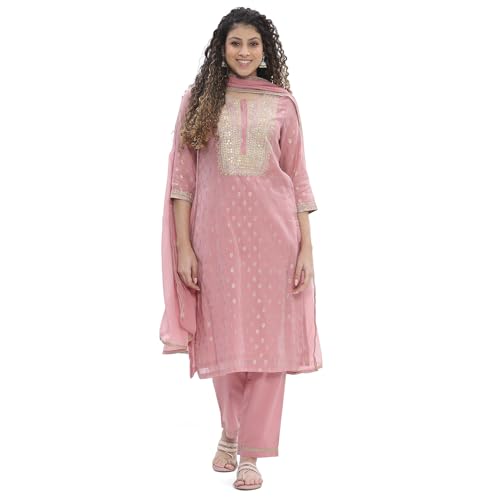 BIBA Women Pink Polyester Straight Suit Set_36