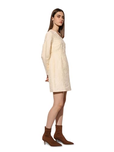 ONLY Women's Self Design A-Line Cream Dress