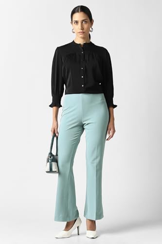 Women Light Blue Textured Formal Trousers