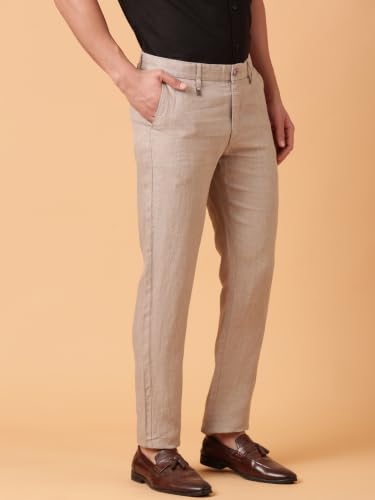Linen Club Men's Pure Linen Solid Regular Fit Casual Trouser Beige