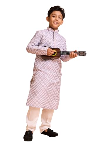 Manyavar Boys Art Silk Lattice Patterned Kurta Pyjama Set (Lilac,12-14Y)