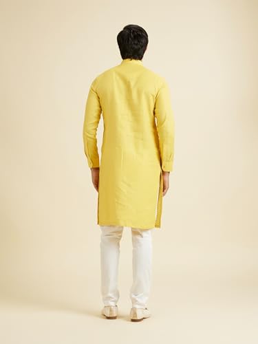 Manyavar Men's Pure Linen Solid Long Kurta(Yellow,L)
