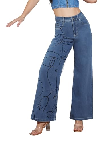 Miss Chase Women's Wide Leg High Rise Hand Painted Stretchable Denim Jeans (MCSS18DEN02-19-391-28, Hazy Blue, 28)