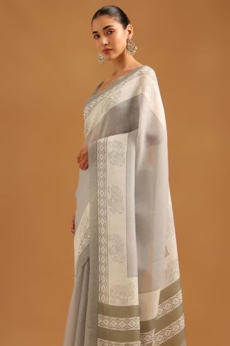 Soch Womens Grey Linen Ethnic Motifs Printed Saree