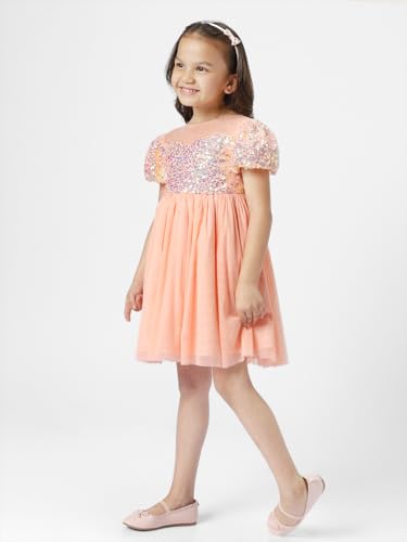 nauti nati Polyester Nautinati Girls' Round Neck Embellished Party Dress Knee-Length Casual NN321-524_Peach