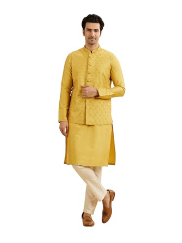 Manyavar Men's Viscose Blend Buta Patterned Kurta Jacket Set (Mustard,L)