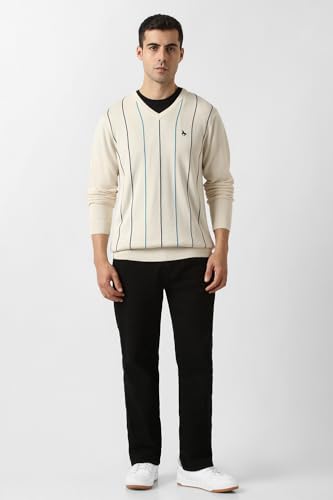 Men Beige Stripe V Neck Sweater