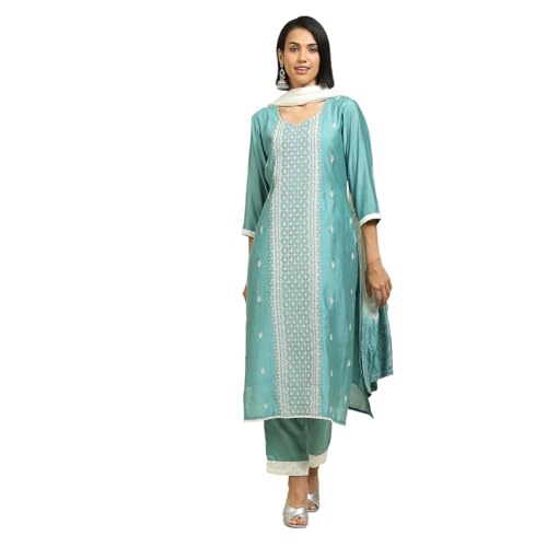 Blue Silk Blend Machine Embroidered Unstitched Suit Set