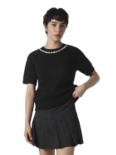 ONLY Women's Embellished Regular Fit Black Sweater