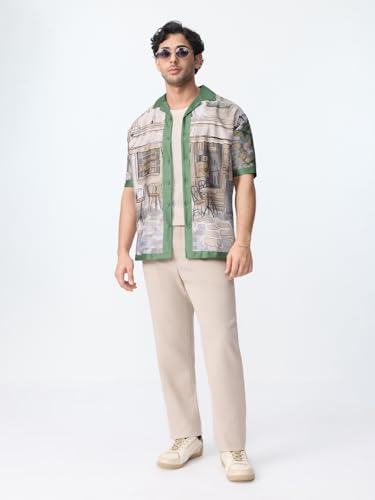 The Souled Store Cuban-Collar Shirt: Morning Brew Men and Boys Short Sleeve Beige All Over Printed Polyester Lightweight Easy to Style Everyday Office Wear Casual Oversized Shirt