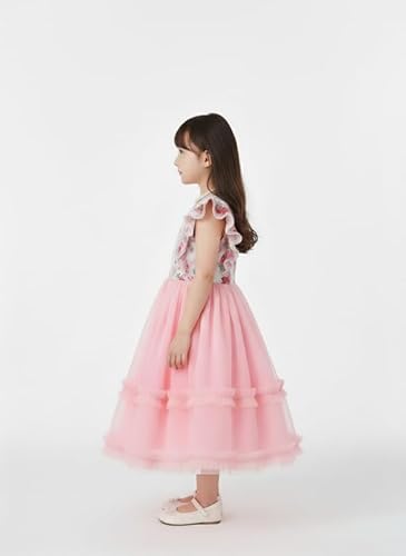 KIYOL Girls Floral Print Layered Party Dress with Ruffle Sleeves and Round Neckline | Elegant Net Fabric Flared Gown for Festive and Special Occasions (Ocean-Pink-2-3 Y)