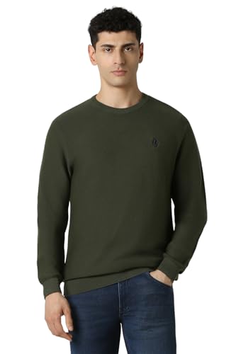 Men Olive Textured Crew Neck Sweater