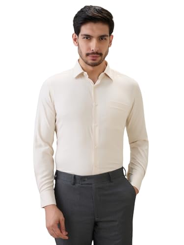 Raymond Men Contemporary Fit Structure Pattern Bamboo Polyester Blend Semi Cutaway Collar Full Sleeve Formal Shirt Yellow