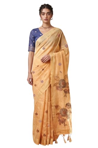 Label Aarna Women's Light Peach Cotton Saree with Unstitched Blouse Piece